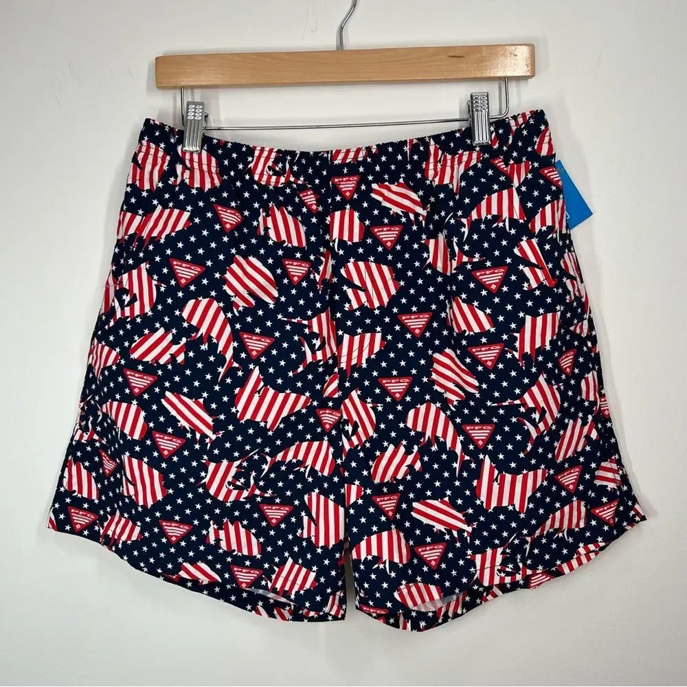 NWT Columbia PFG Clearwater Shores Patriotic Fish 6” Swim Trunks Shorts Medium